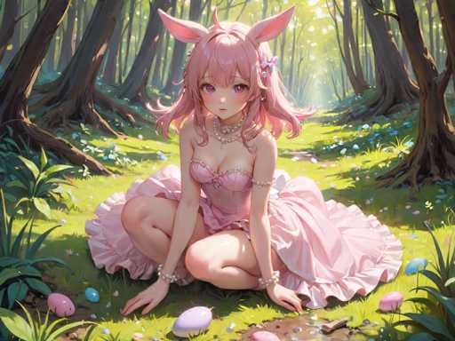 A pink-haired girl with a white dress and earrings is sitting on the ground surrounded by colorful Easter eggs.