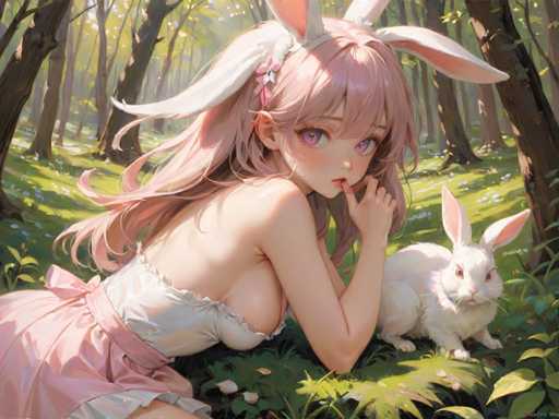 A woman with long blonde hair and pink ears is sitting on a grassy area surrounded by trees. Next to her is a white rabbit wearing a pink dress.
