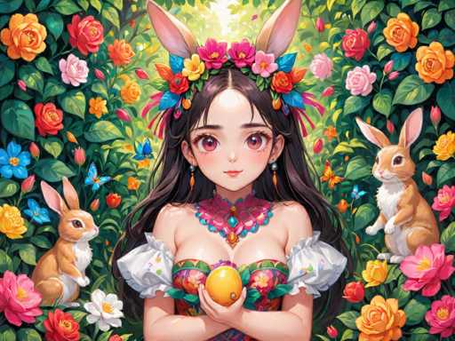 A woman with long brown hair is depicted wearing a white dress and holding an orange fruit. She is surrounded by three rabbits - one on her left side, another on her right side, and the third behind her head. The background features a garden filled with colorful flowers and trees.