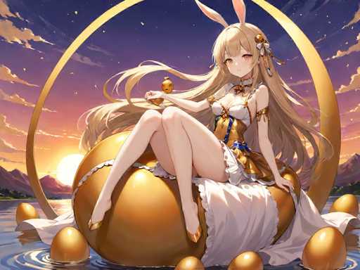A beautiful girl with long blonde hair is sitting on a golden throne, holding a gold cup and surrounded by numerous golden eggs. The background features a sunset over mountains and clouds.