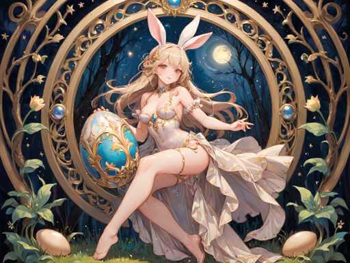 A woman with blonde hair and blue eyes is depicted as a character from an anime or manga style illustration. She is wearing a white dress that flows down to her feet, and she holds a blue egg in one hand while the other hand rests on her hip. The background features trees and bushes, creating a natural setting for the scene.
