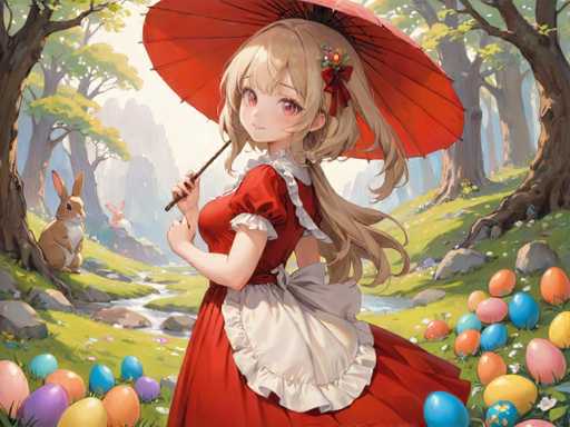 A young girl with blonde hair and red hair is standing on a grassy field under an umbrella. She is wearing a white dress and holding the umbrella over her head. In front of her, there are several colorful Easter eggs scattered around.