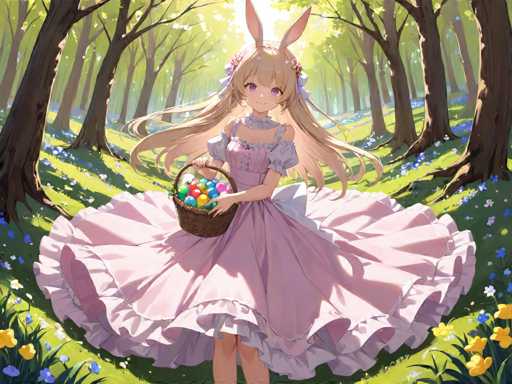 A girl with blonde hair and blue eyes is standing in a field surrounded by trees and flowers. She is wearing a pink dress and holding an easter basket filled with eggs.