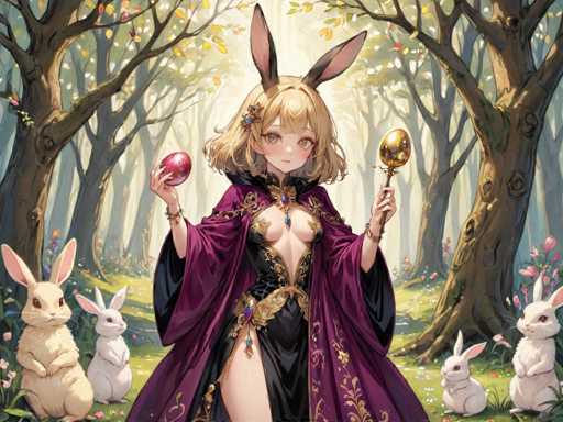 A woman with blonde hair and a purple dress is holding an egg and a golden spoon in her hands while standing in front of a forest filled with white rabbits.