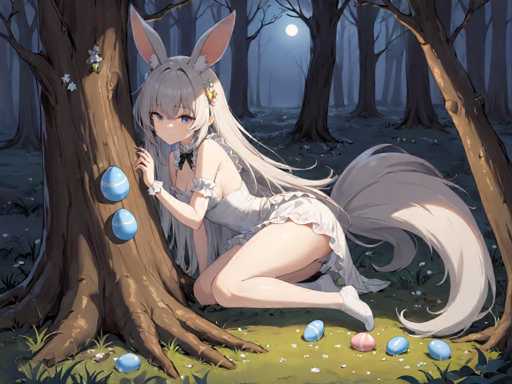 A white girl with long blonde hair is crouched down next to a tree in a forest setting. She is wearing a white dress and has her arms around the trunk of the tree. The background features trees and bushes, creating a natural environment for the scene.