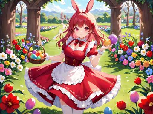A young girl dressed as a bunny is standing on a grassy field with trees and flowers behind her. She holds an easter basket filled with colorful eggs.