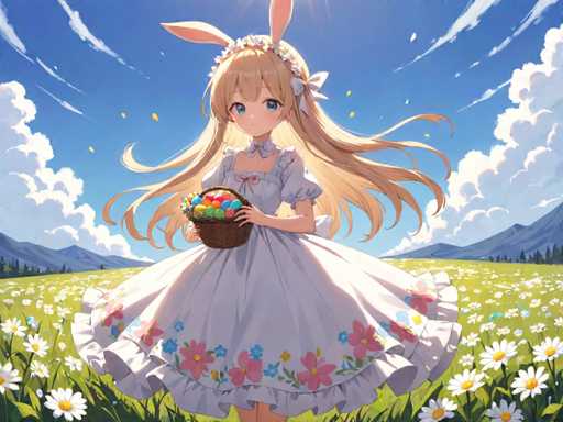 A young girl with blonde hair and blue eyes is standing in a field filled with white flowers. She is wearing a white dress decorated with pink and green flowers on the bodice and holding a basket of Easter eggs. The background features a clear blue sky and mountains under a bright sun, creating a serene and idyllic setting for the girl's Easter celebration.