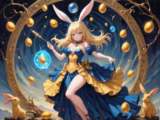 A woman with blonde hair and blue eyes is depicted as a fairy standing on a pedestal surrounded by gold balls and two rabbits. The background features a dark sky filled with floating gold balls.