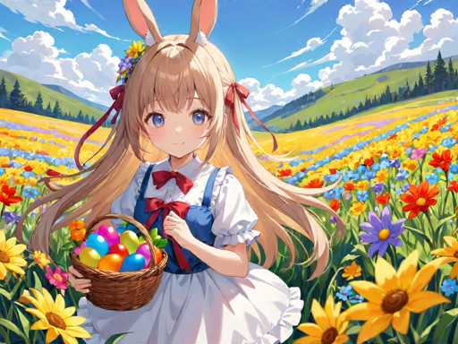 A young girl with blonde hair and blue eyes is standing in a field filled with yellow flowers. She is wearing a white dress and holding an easter basket of colorful eggs. The background features a clear blue sky dotted with fluffy white clouds and rolling hills covered in green trees.