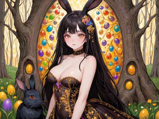The image depicts an anime character with long dark hair and a black dress standing next to a rabbit. The character is positioned on the left side of the frame, while the rabbit is located on the right side. The background features trees and colorful balloons, creating a vibrant and lively atmosphere.
