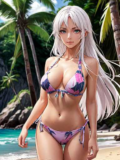 A woman with blonde hair is walking on a beach wearing a pink and blue floral bikini top and a matching swimsuit bottom. The background features palm trees and the ocean, creating a tropical atmosphere.
