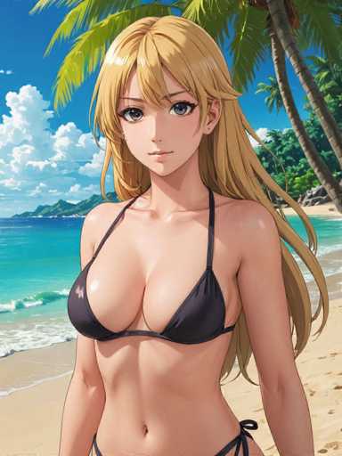 A woman with blonde hair is standing on a beach, wearing a black bikini top and shorts. The background features palm trees and the ocean under a clear blue sky.