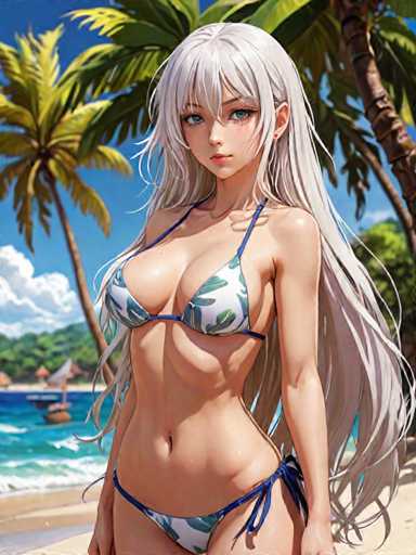 A woman with long blonde hair is standing on a beach, wearing a bikini top and blue shorts. The background features palm trees and the ocean under a clear blue sky.