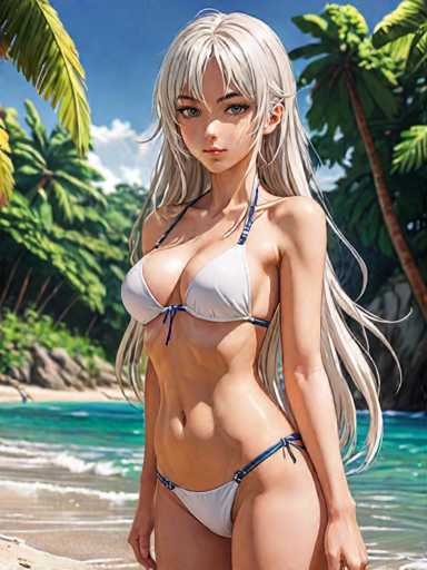 A woman with blonde hair is standing on a beach, wearing a white bikini top and blue shorts. She has long blonde hair that falls down her back. The background features palm trees and the ocean, creating a tropical atmosphere.