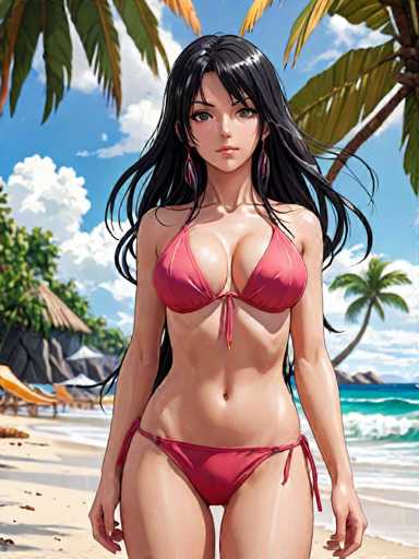 A woman is standing on a beach with her back facing the camera. She is wearing a red bikini and has long dark hair that falls down past her shoulders. The background features palm trees and blue water, creating a tropical atmosphere.