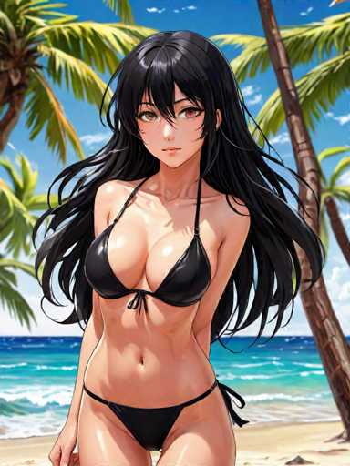 A woman with long dark hair is standing on a beach, wearing a black bikini top and bottom. She has her arms crossed over her chest and is looking directly at the camera. The background features palm trees and the ocean, creating a tropical atmosphere.