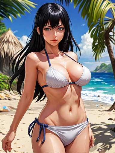 The image depicts a woman wearing a white bikini with a blue halter neckline and a black bikini bottom. She is standing on a beach, facing the camera directly with her hair styled in loose waves. The background shows palm trees and the ocean under a clear blue sky.