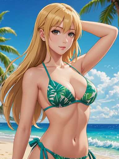 A woman with blonde hair is shown on a beach, wearing a green and white bikini top that has a halter neckline. She is looking directly at the camera while standing near the water's edge. The background features palm trees and blue skies typical of a tropical beach setting.