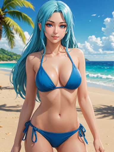 A woman with long blue hair is standing on a beach, wearing a blue bikini top and bottom. She has her arms crossed over her chest and is looking directly at the camera. The background features palm trees and the ocean under a clear blue sky.