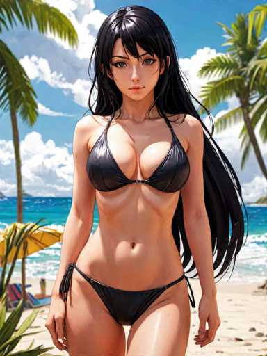 A woman is standing on a beach with her hair styled in loose waves and wearing a black bikini top that shows off her cleavage. She is facing the camera directly, giving an engaging portrait shot. The background features palm trees swaying gently under a clear blue sky, creating a tropical atmosphere.