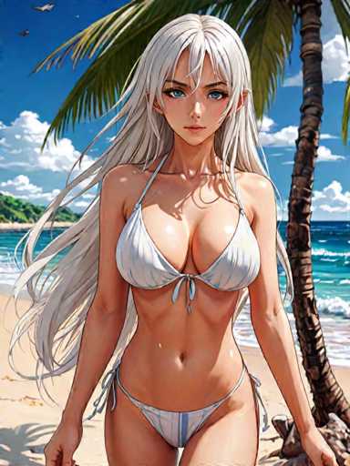 A woman with long blonde hair is walking on a beach towards the ocean while wearing a white bikini top and bottom.