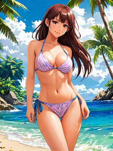 A woman is standing on a beach with her hair tied up in a ponytail and wearing a purple bikini top that shows off her cleavage. The ocean forms the backdrop of the image, and palm trees can be seen in the distance.