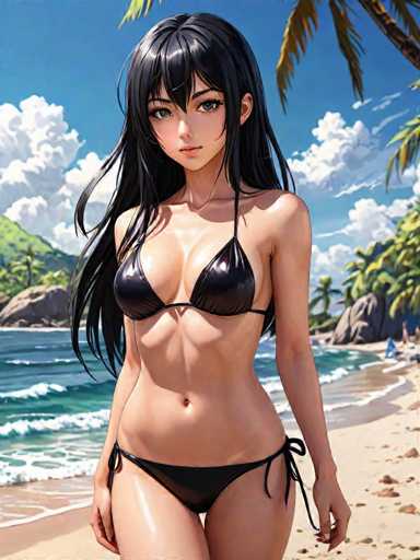 The image depicts a woman wearing a black bikini top and bottom standing on a beach with her arms crossed over her chest. The background shows palm trees swaying against the blue sky, indicating that she is in a tropical location.