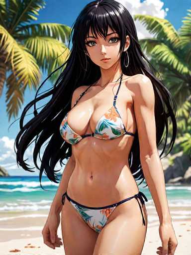 A woman with long dark hair is shown on a beach wearing a floral bikini bottom and top. She has her arms crossed over her chest as she gazes off to the side. The background features palm trees and the ocean under a clear blue sky.