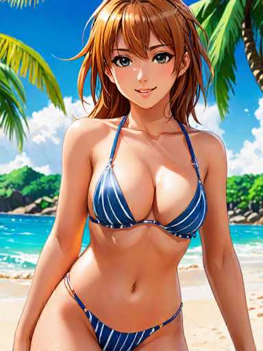 A woman is shown wearing a blue and white striped bikini on a beach with palm trees in the background.