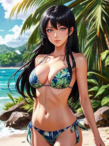 A woman with long dark hair is shown walking on a beach. She is wearing a blue and green bikini top that has a halter neckline. The background features palm trees and the ocean, creating a tropical atmosphere.