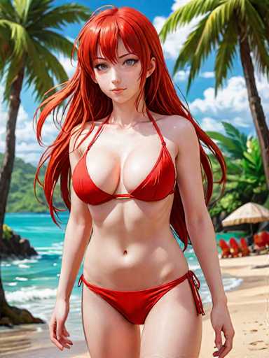 A woman with long red hair is walking on a beach wearing a red bikini top and bottom. She has her arms at her sides and is looking directly at the camera. The background features palm trees and blue water, creating a tropical atmosphere.