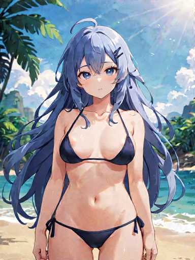A woman with long blue hair is standing on a beach, wearing a black bikini top and a black swimsuit. The background features palm trees and the ocean under a clear blue sky.