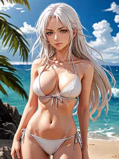 A woman with blonde hair is standing on a beach, wearing a white bikini top and a white swimsuit. She has her arms crossed over her chest and is looking directly at the camera. The background features palm trees and the ocean under a clear blue sky.