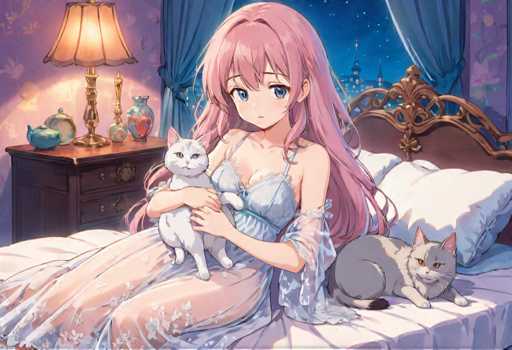 A pink-haired girl with blue eyes is sitting on a bed next to two cats - one white and one gray. The background features a lamp and a window with curtains.