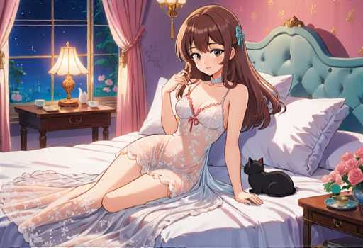 A woman is shown lounging on a bed with her legs crossed and wearing a white lace dress. A black cat is resting on the foot of the bed next to her. The room has pink walls and a window that lets in natural light, creating a serene atmosphere.