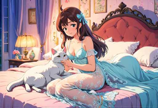 A woman is sitting on a bed with her cat. The cat is white and has blue eyes. The room features a pink wall, a window with curtains, and a lamp next to the bed.