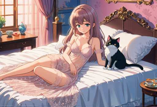 A woman with long hair and a cat on her lap is shown in the image. The setting appears to be a bedroom with pink walls and a bed covered in white sheets. A table next to the bed holds a teapot and cups.