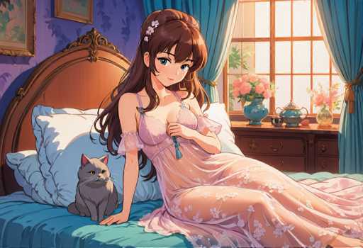 A woman is sitting on a bed with a cat next to her. The room has blue walls and a window with white curtains that lets in natural light. A vase of flowers sits on the windowsill behind the woman.