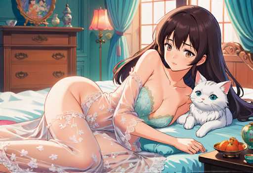 A woman with long brown hair is lying on a bed wearing a white lace dress and a matching white lace top. A cat is sitting next to her on the bed. The room has blue walls and a window that lets in natural light.