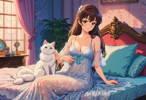 A woman is sitting on a bed with her cat next to her. The cat has white fur and is wearing a blue collar. The room features pink walls and a window with curtains that allow natural light into the space.