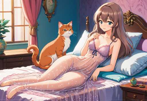 A woman is lying on her stomach on a bed with a cat sitting next to her and a vase of flowers nearby.