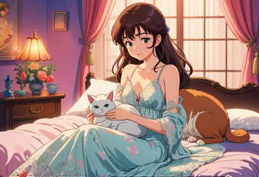 A young girl with brown hair is sitting on a bed wearing a blue dress and holding a white cat. The room has pink walls and a window with curtains that lets in natural light.