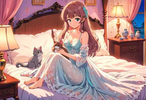 A woman is sitting on a bed with her feet up and holding a cat. The room has pink walls and a wooden headboard. A lamp is on the nightstand next to the bed.