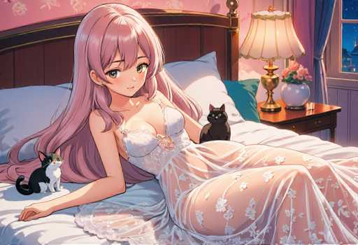 A pink-haired woman is lying on a bed with white sheets and a gold lampshade. She is wearing a white lace dress that falls down to her knees. Next to her on the bed is a black cat, and there are two other cats sitting nearby.
