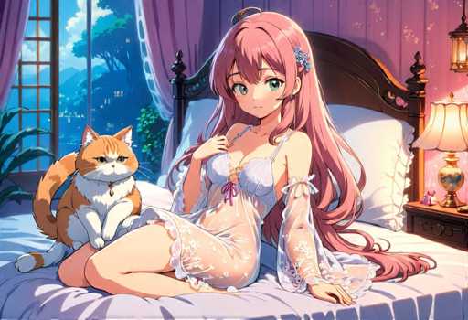 A pink-haired woman is sitting on a bed with white sheets and a white pillow. Next to her is an orange cat wearing a collar. The background features a window with curtains and trees outside.