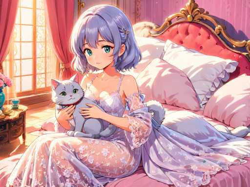 A young girl with blue hair is sitting on a bed holding a cat and wearing a white dress with lace detailing. The room has pink walls and a window with curtains that lets in sunlight.