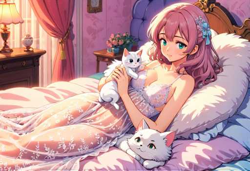 A woman with pink hair is lying on a bed next to two cats - one white and the other black. The room has pink walls and a window with curtains that lets in soft light.