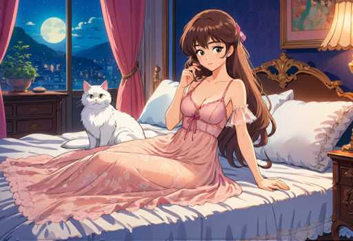 A woman is sitting on a bed with white pillows and a pink dress. A cat is lying next to her feet. The background shows a window overlooking a city at night.