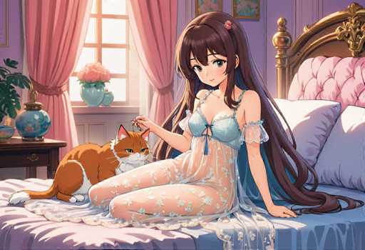 A woman with long brown hair is sitting on a bed wearing a white lace dress and blue strapless bra. A cat is lying next to her on the bed. The room has pink walls and a window with curtains that lets in natural light.