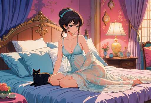 A woman is sitting on a bed with her legs crossed and wearing a blue lace-up dress. A black cat is lying next to her feet. The room has pink walls and a gold-framed window that lets in natural light.